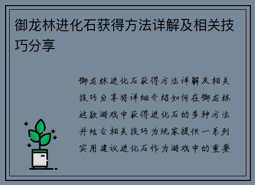 御龙林进化石获得方法详解及相关技巧分享 御龙林进化石获得方法详解及相关技巧分享
